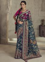 Organza Brasso Teal Blue Festival Wear Digital Printed Saree